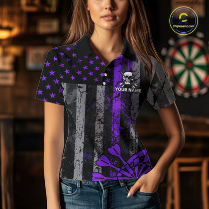 Personalized Purple Grunge US Flag Skull Darts Shirt For Women Custom Patriotic Darts Team Jersey TDM4884