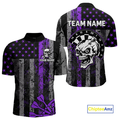 Personalized Purple Grunge US Flag Skull Darts Shirt For Men Custom Patriotic Darts Team Jersey TDM4884