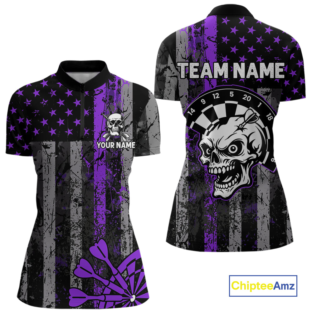 Personalized Purple Grunge US Flag Skull Darts Shirt For Women Custom Patriotic Darts Team Jersey TDM4884