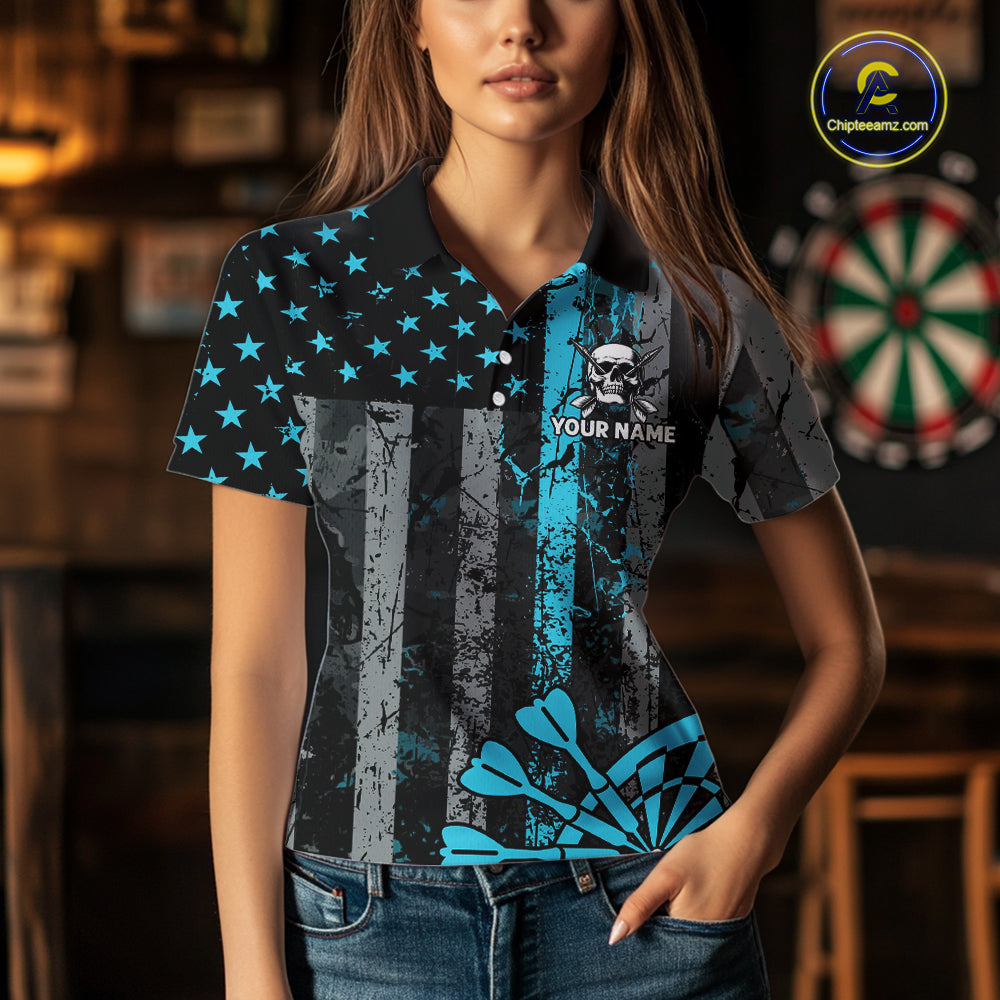 Personalized Blue Grunge US Flag Skull Darts Shirt For Women Custom Patriotic Darts Team Jersey TDM4885