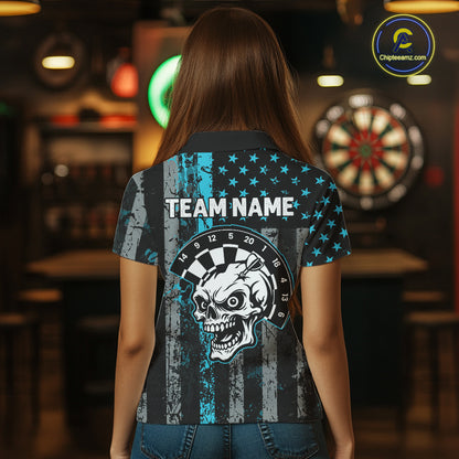 Personalized Blue Grunge US Flag Skull Darts Shirt For Women Custom Patriotic Darts Team Jersey TDM4885