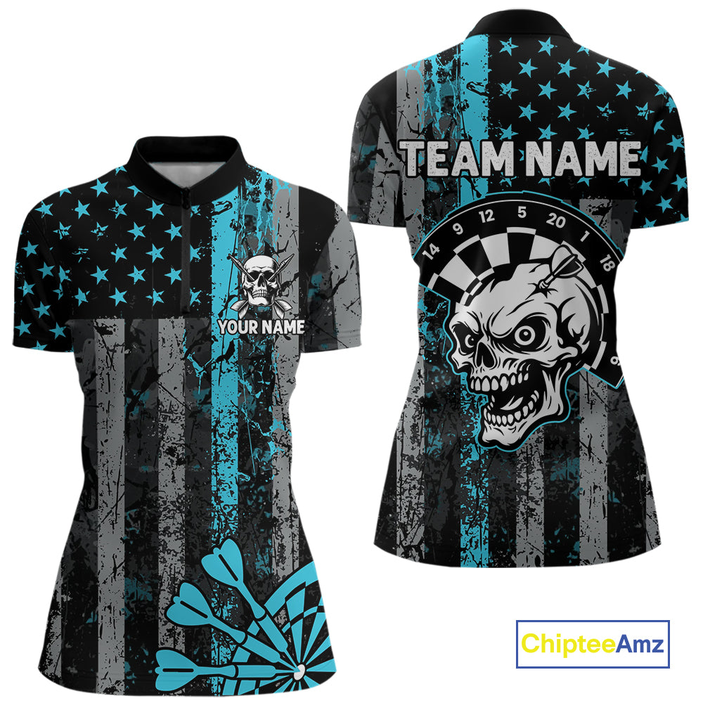 Personalized Blue Grunge US Flag Skull Darts Shirt For Women Custom Patriotic Darts Team Jersey TDM4885