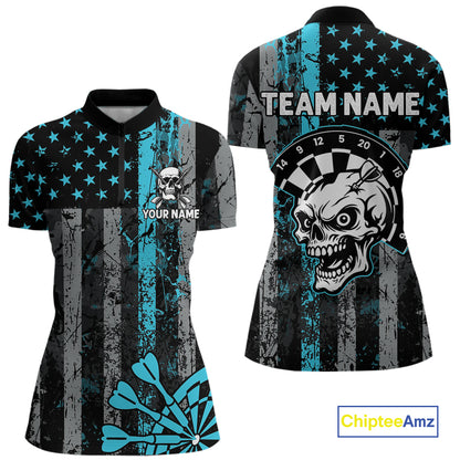 Personalized Blue Grunge US Flag Skull Darts Shirt For Women Custom Patriotic Darts Team Jersey TDM4885