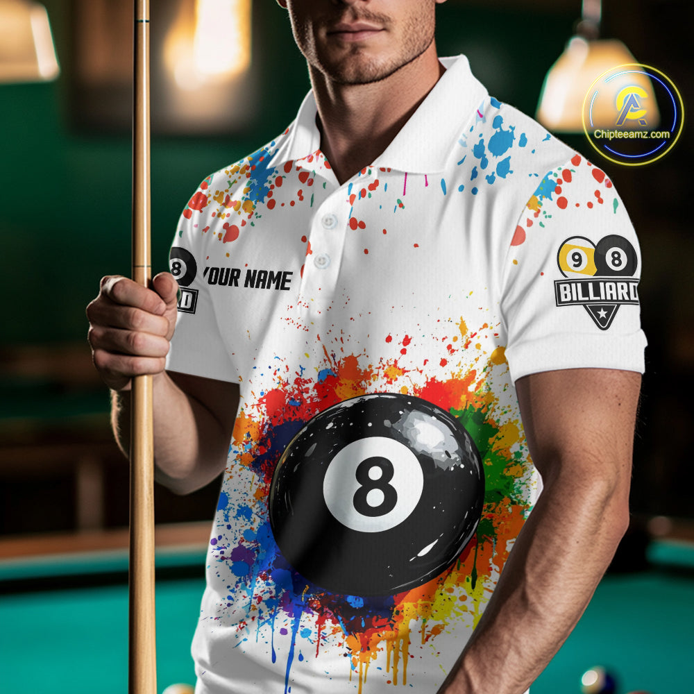 Funny 8 Ball & 9 Ball Colorful Splash Billiard Shirt For Men Custom Billiard Team Jersey |White TDM5581
