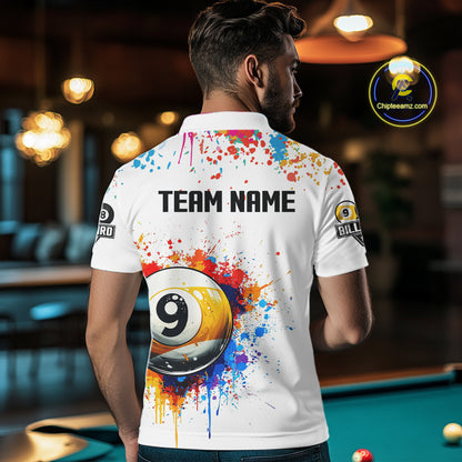 Funny 8 Ball & 9 Ball Colorful Splash Billiard Shirt For Men Custom Billiard Team Jersey |White TDM5581