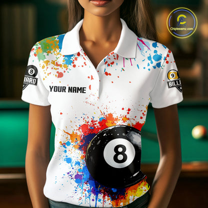 Funny 8 Ball & 9 Ball Colorful Splash Billiard Shirt For Women Custom Billiard Team Jersey |White TDM5581
