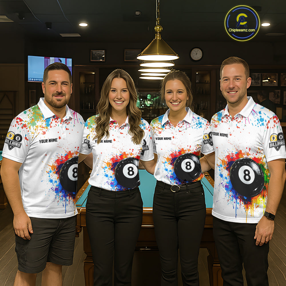 Funny 8 Ball & 9 Ball Colorful Splash Billiard Shirt For Women Custom Billiard Team Jersey |White TDM5581