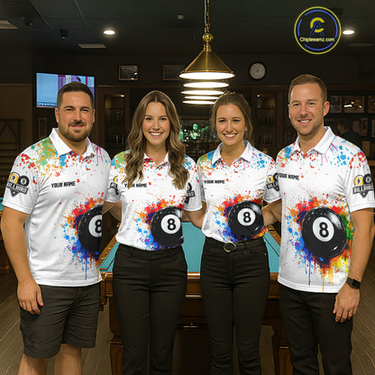 Funny 8 Ball & 9 Ball Colorful Splash Billiard Shirt For Women Custom Billiard Team Jersey |White TDM5581