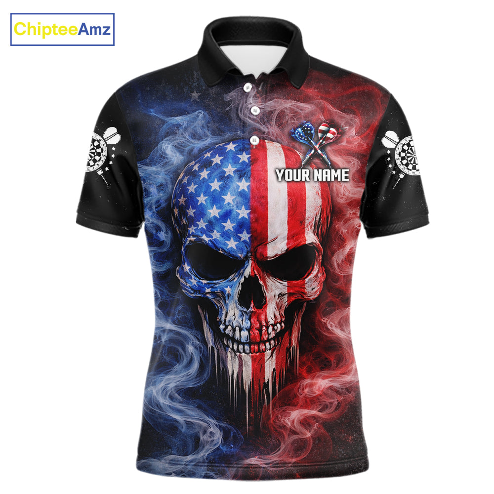 Custom American Flag Smoke Skull Darts Shirt For Men, Patriotic Darts Team Jersey Polo & 1/4 Zip TDM5811
