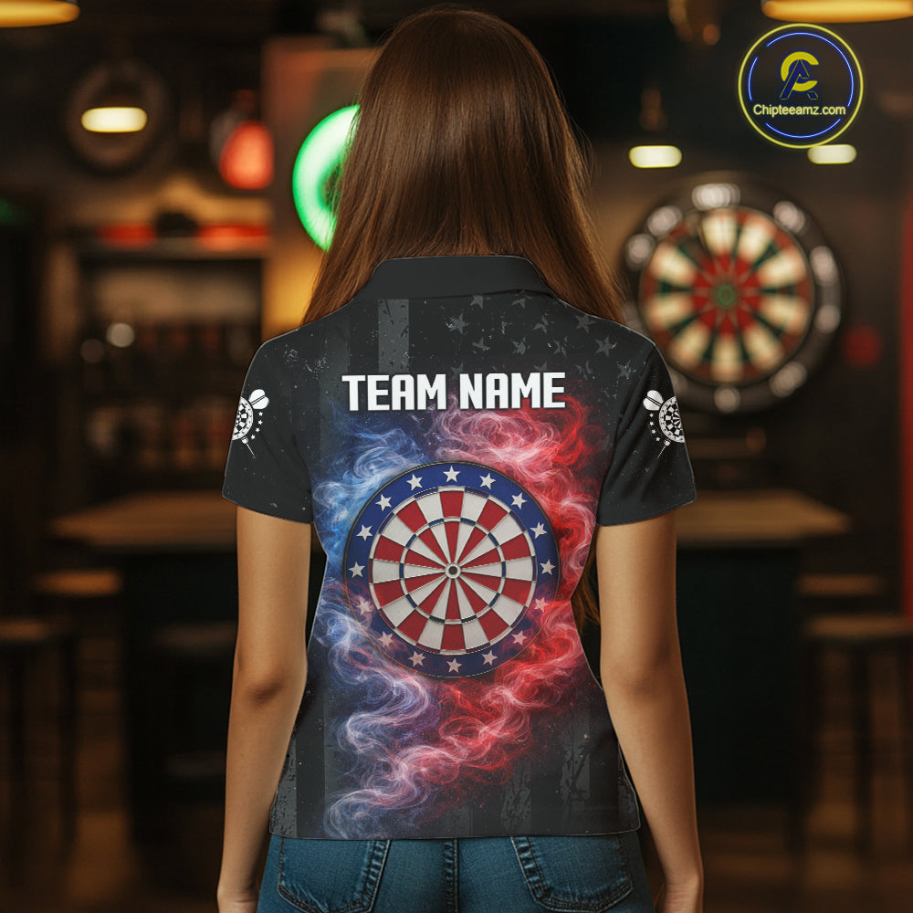 Custom American Flag Smoke Skull Darts Shirt For Women, Patriotic Darts Team Jersey Polo & 1/4 Zip TDM5811
