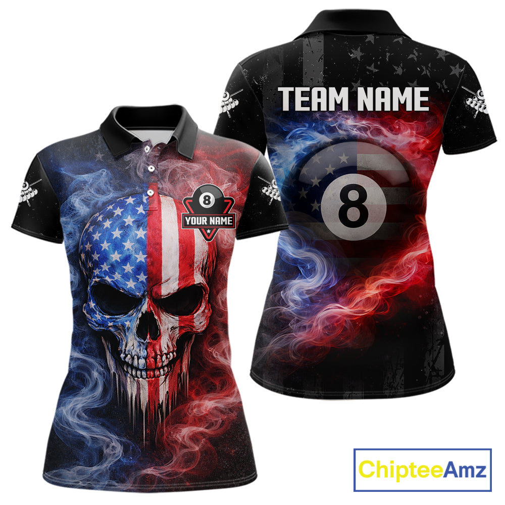 Custom 8 Ball US Flag Smoke Skull Billiard Shirt For Women, Patriotic Pool Team Jersey Polo, 1/4 Zip TDM5812