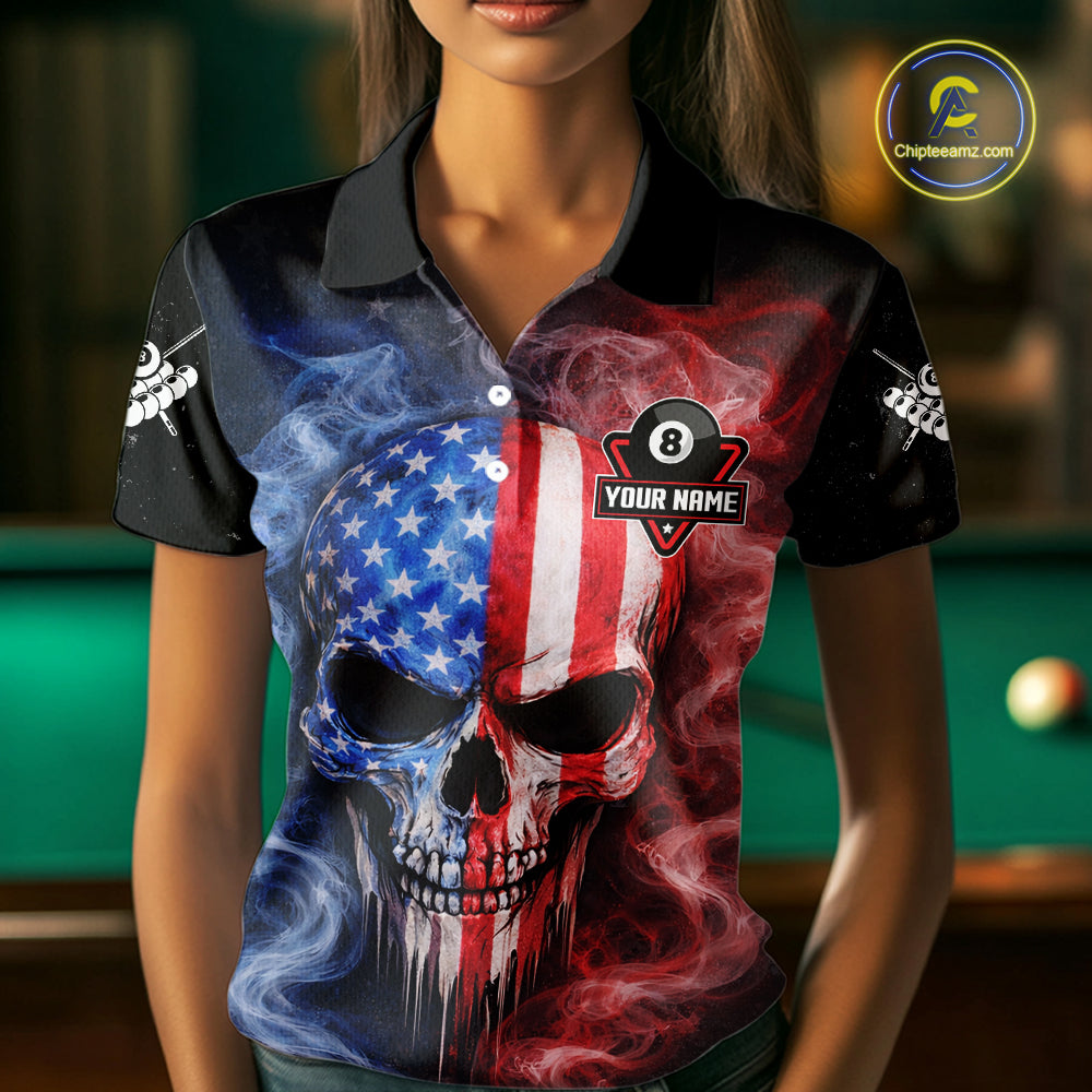 Custom 8 Ball US Flag Smoke Skull Billiard Shirt For Women, Patriotic Pool Team Jersey Polo, 1/4 Zip TDM5812