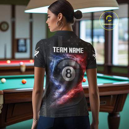 Custom 8 Ball US Flag Smoke Skull Billiard Shirt For Women, Patriotic Pool Team Jersey Polo, 1/4 Zip TDM5812