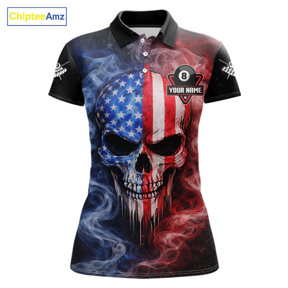 Custom 8 Ball US Flag Smoke Skull Billiard Shirt For Women, Patriotic Pool Team Jersey Polo, 1/4 Zip TDM5812