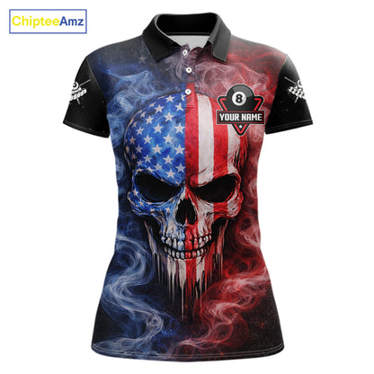 Custom 8 Ball US Flag Smoke Skull Billiard Shirt For Women, Patriotic Pool Team Jersey Polo, 1/4 Zip TDM5812