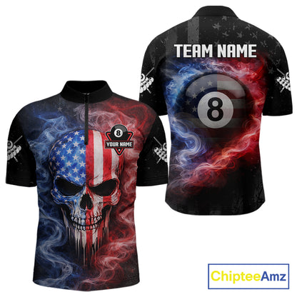 Custom 8 Ball US Flag Smoke Skull Billiard Shirt For Men, Patriotic Pool Team Jersey Polo, 1/4 Zip TDM5812