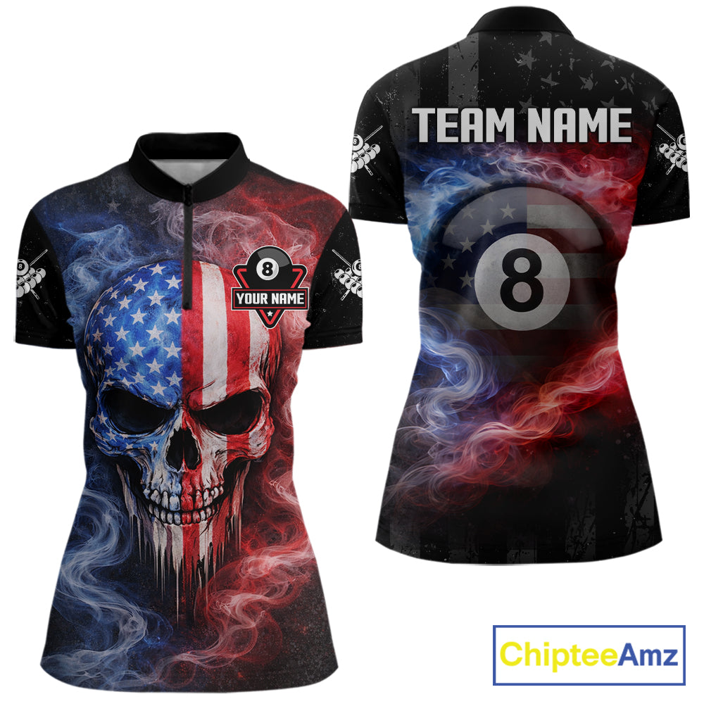 Custom 8 Ball US Flag Smoke Skull Billiard Shirt For Women, Patriotic Pool Team Jersey Polo, 1/4 Zip TDM5812
