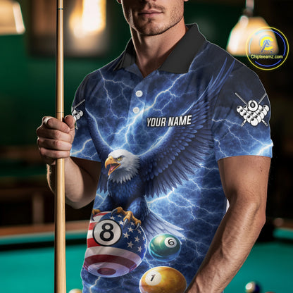 Blue 8 Ball US Flag Thunder Lightning Eagle Billiard Shirt For Men Custom Pool Team Jersey TDM5813
