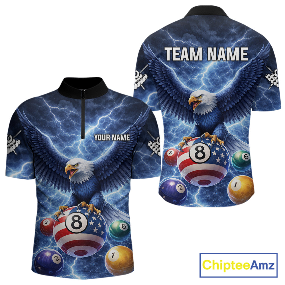Blue 8 Ball US Flag Thunder Lightning Eagle Billiard Shirt For Men Custom Pool Team Jersey TDM5813