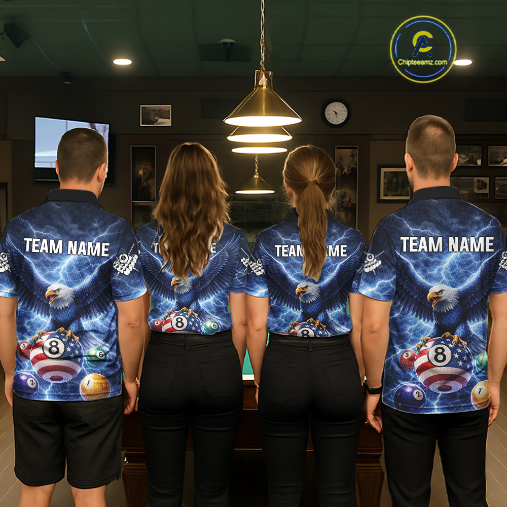 Blue 8 Ball US Flag Thunder Lightning Eagle Billiard Shirt For Men Custom Pool Team Jersey TDM5813