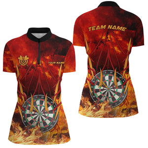 3D Dartboard On Fire Women Darts Quarter-Zip Shirt Custom Name Flame Dart Shirts For Player TDM1338