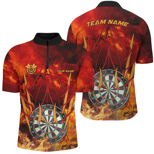 3D Dartboard On Fire Men Darts Quarter-Zip Shirt Custom Name Flame Dart Shirts For Player TDM1338