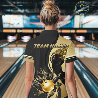 Custom Black And Gold Splatter Bowling Shirt For Women, Bowling League Jerseys Team Polo & 1/4 Zip TDM6417