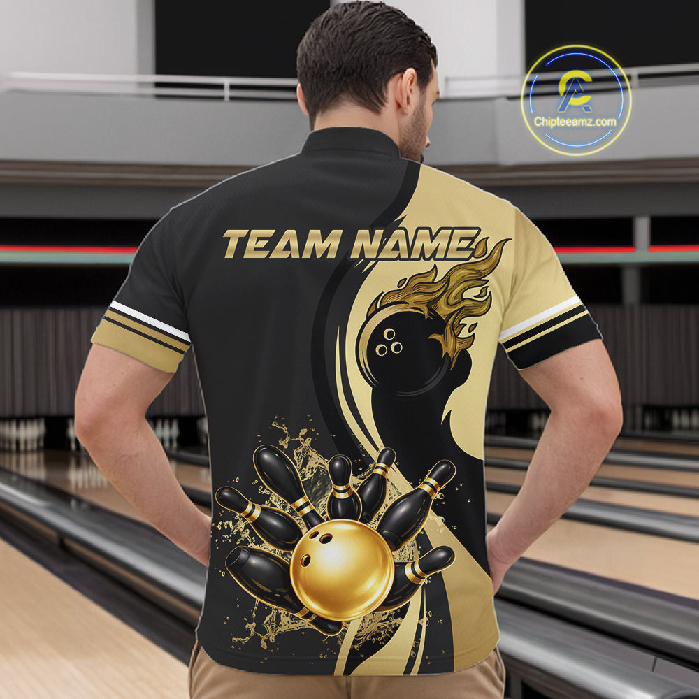 Custom Black And Gold Splatter Bowling Shirt For Men, Bowling League Jerseys Team Polo & 1/4 Zip TDM6417