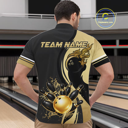 Custom Black And Gold Splatter Bowling Shirt For Men, Bowling League Jerseys Team Polo & 1/4 Zip TDM6417
