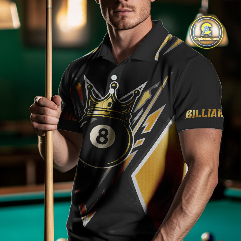 Customized 8 Ball Pool Crown Men Billiard Shirts, Gold And Black Billiard Team Shirts, Pool Jersey TDM4078