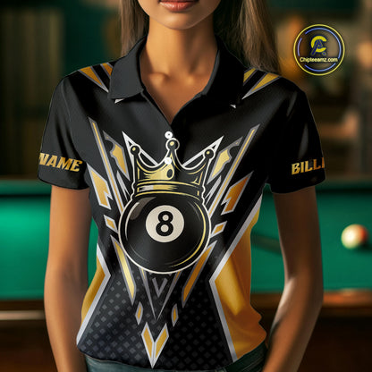 Customized 8 Ball Pool Crown Women Billiard Shirts, Gold And Black Billiard Team Shirts, Pool Jersey TDM4078