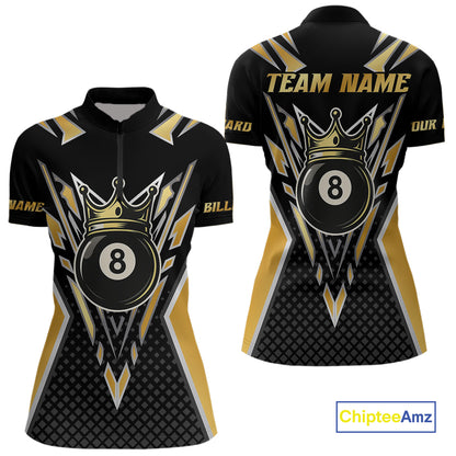 Customized 8 Ball Pool Crown Women Billiard Shirts, Gold And Black Billiard Team Shirts, Pool Jersey TDM4078