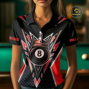 Customized 8 Ball Pool Crown Women Billiard Shirts, Red And Black Billiard Team Shirts, Pool Jersey TDM4079