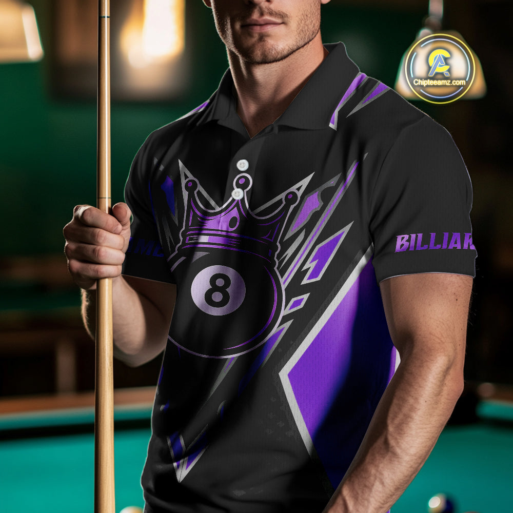 Customized 8 Ball Pool Crown Men Billiard Shirt, Black And Purple Billiard Team Shirt, Pool Jersey TDM4080