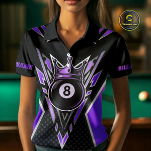 Customized 8 Ball Pool Crown Women Billiard Shirt, Black And Purple Billiard Team Shirt, Pool Jersey TDM4080