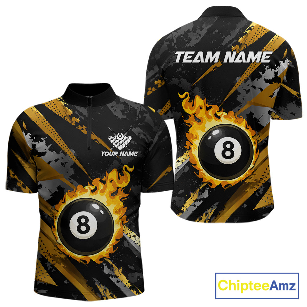 Black and gold billiard quarter zip shirt for men with flaming 8-ball design and customizable team name and player name details.