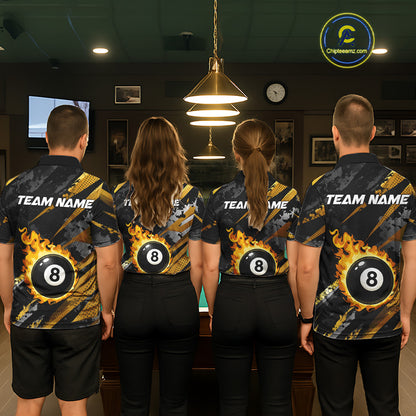Gold Black Grunge Flame 8 Ball Billiard Shirts For Men Custom Pool Team Jersey Polo & 1/4 Zip TDM6619