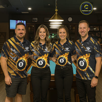 Gold Black Grunge Flame 8 Ball Billiard Shirts For Men Custom Pool Team Jersey Polo & 1/4 Zip TDM6619