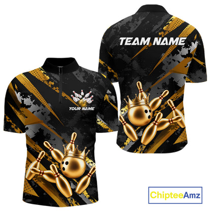 Bowling-themed quarter zip shirt for men with gold bowling pins and crown design on a black background, featuring customizable "Your Name" and "Team Name" text for a personalized look.