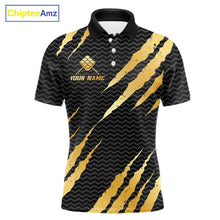 Load image into Gallery viewer, Black and gold billiard polo shirt with 'Team Name' and 'Your Name' text, featuring a crown 9-ball design.