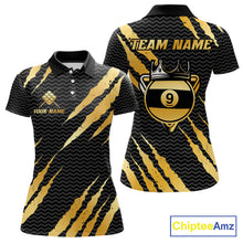 Load image into Gallery viewer, Black and gold billiard polo shirt with 'Team Name' and 'Your Name' text, featuring a crown 9-ball design.