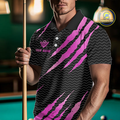 Pink And Black Scratch Billiard Shirts For Men Custom 8 Ball Crown Pool Team Jersey Polo & 1/4 Zip TDM6624