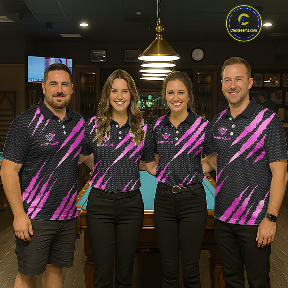 Pink And Black Scratch Billiard Shirts For Women Custom 8 Ball Crown Pool Team Jersey Polo & 1/4 Zip TDM6624