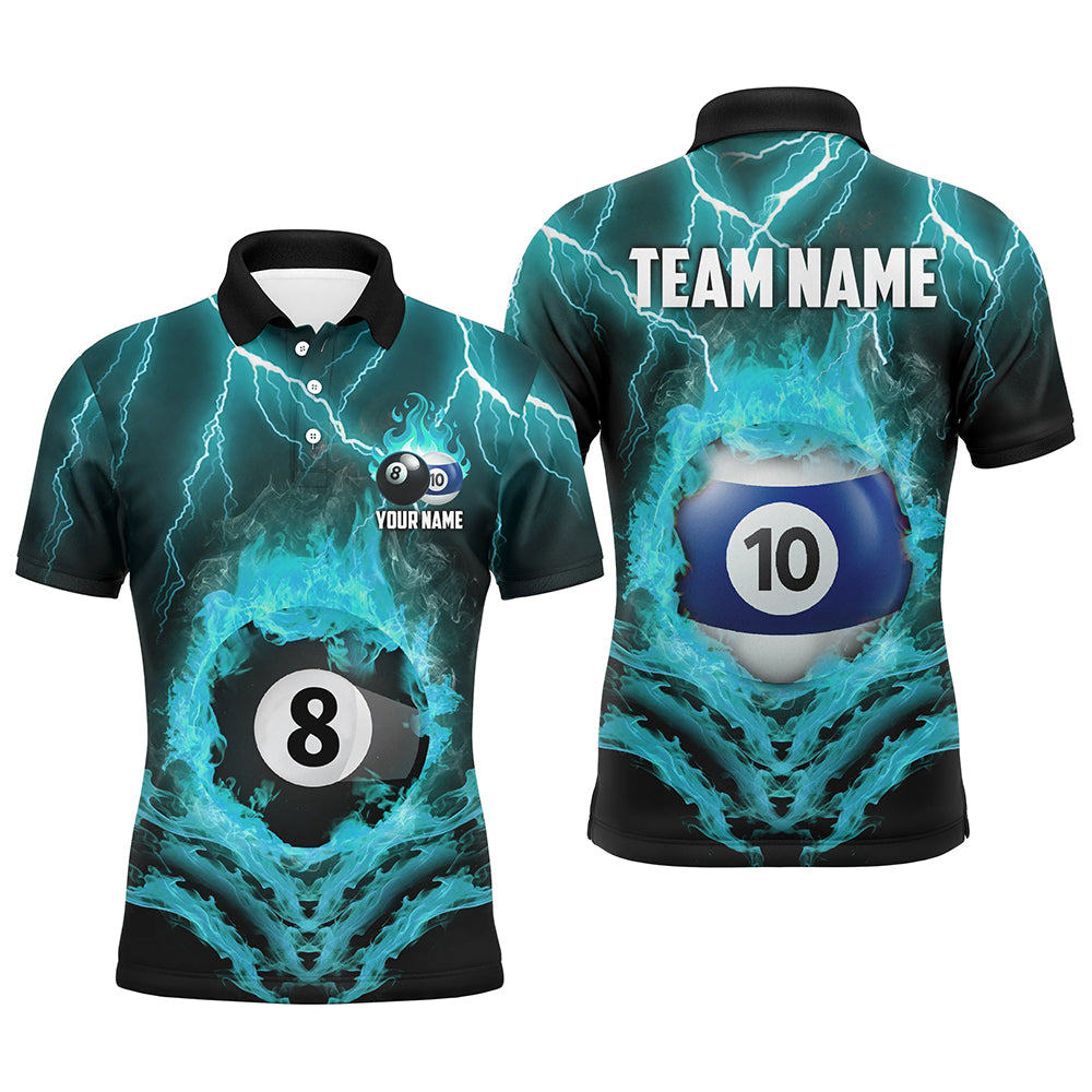 Billiard 8 & 10 Ball Fire Lightning Men Polo & 1/4 Zip Shirts Custom Billiard Jersey |Turquoise TDM1915