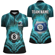 Load image into Gallery viewer, Billiard 8 &amp; 10 Ball Fire Lightning Women Polo &amp; 1/4 Zip Shirts Custom Billiard Jersey |Turquoise TDM1915