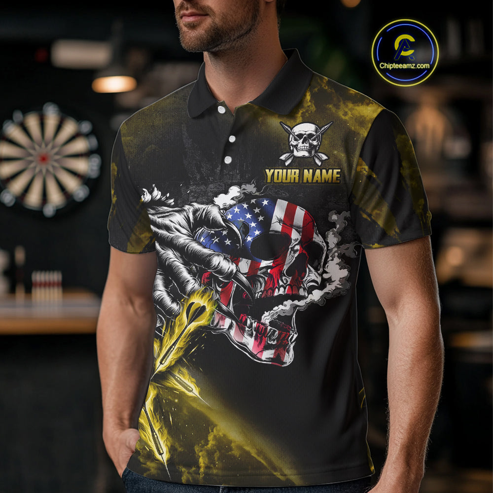 Fire Flame Darts Board American Flag Skull Dart Shirts For Men Custom Darts Team Jerseys |Yellow TDM4268