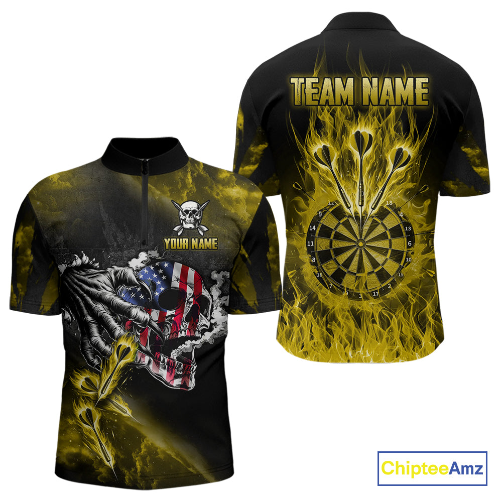 Fire Flame Darts Board American Flag Skull Dart Shirts For Men Custom Darts Team Jerseys |Yellow TDM4268