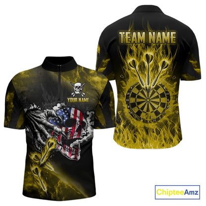 Fire Flame Darts Board American Flag Skull Dart Shirts For Men Custom Darts Team Jerseys |Yellow TDM4268