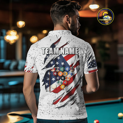 Personalized American Flag White Grunge Billiard Shirt For Men, Patriotic 8 Ball Pool Team Jersey TDM4443
