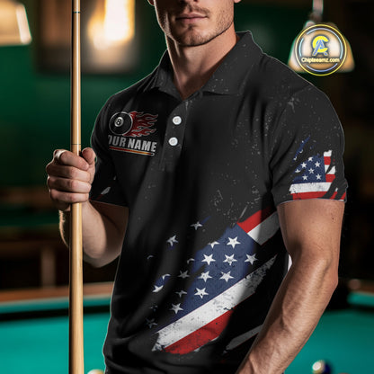 Personalized American Flag Black Grunge Billiard Shirt For Men, Patriotic 8 Ball Pool Team Jersey TDM4444